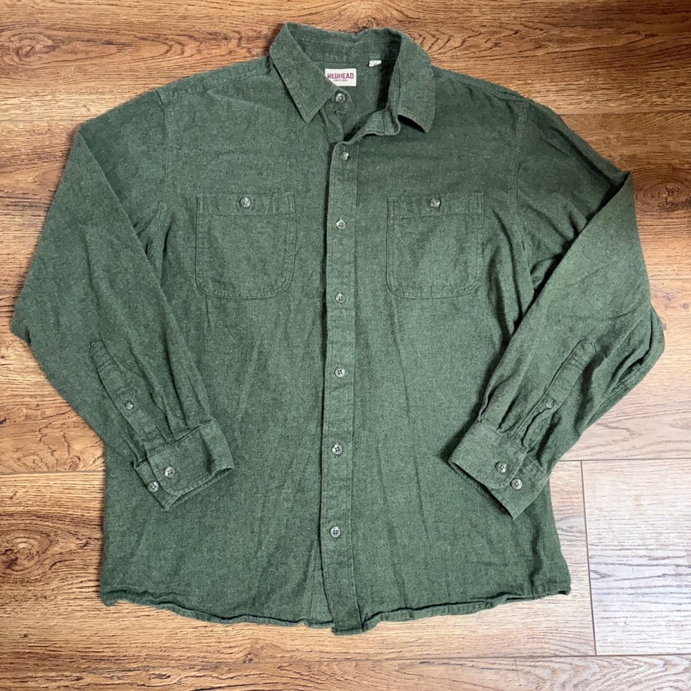 Redhead Mens XL Flannel Shirt Olive Green Cotton Button Down Gorpcore fishing